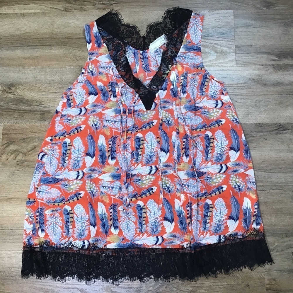Nwt A’reve Nightgown Size L Camisole Lace Boho Feather Print Red Blue - Picture 2 of 14